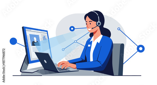 Woman Wearing Headset Working on Laptop.