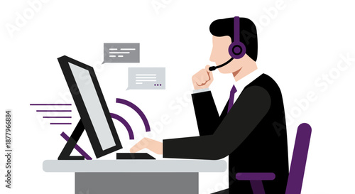 Man Wearing Headset Working on Computer.