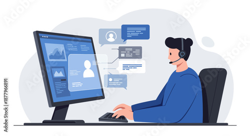 Man Wearing Headset Working on Computer.