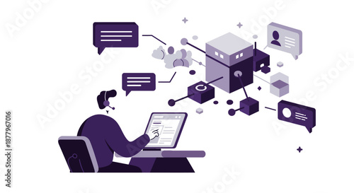 Person Working on Laptop with Digital Icons.