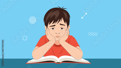 Bored and exhausted boy resting his head on his hands while staring at an open textbook during a long and difficult study session.