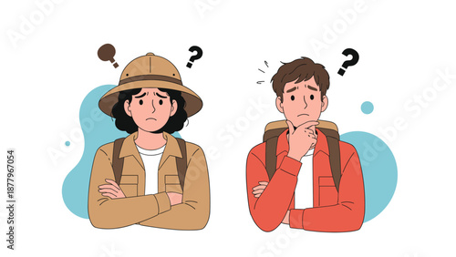 Adventurous man and woman wearing safari hats and backpacks looking confused and lost while trying to find their way in the wild.