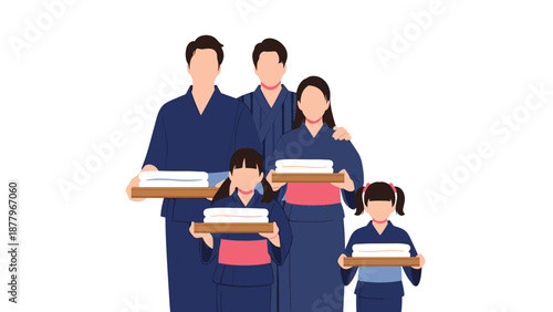 Family of five wearing matching dark blue yukatas and holding trays of fresh white towels for their stay at a traditional ryokan.