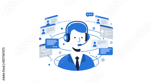 Customer Support Representative Wearing Headset Illustration.