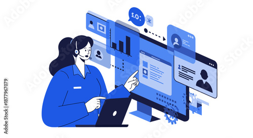 Woman Working on Laptop with Virtual Interface.