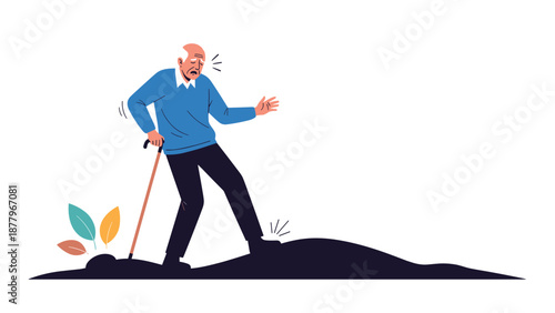 Elderly man using a wooden walking stick and struggling to walk over uneven ground while experiencing pain and physical difficulty.