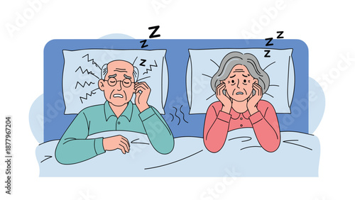 Elderly man and woman in bed together struggling with loud snoring or environmental noise that prevents them from sleeping soundly.