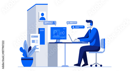 Man Working on Computer with Virtual Reality Headset.