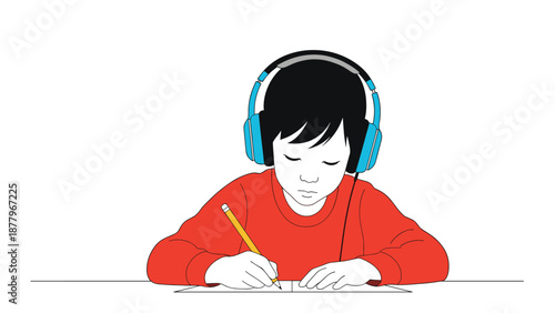 Focused young student wearing blue headphones and a red sweater while diligently writing in a notebook to complete his homework.