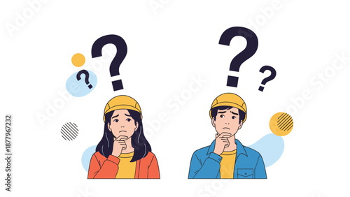 Male and female construction workers wearing yellow hardhats and looking confused while trying to solve a complex engineering problem.