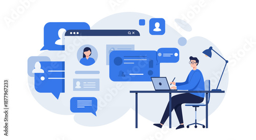 Man Working on Laptop with Social Media Icons.