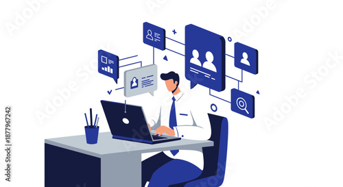 Man Working on Laptop with Social Media Icons.