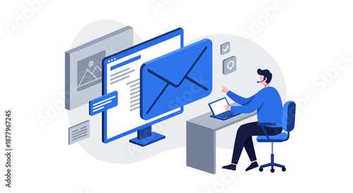 Man Working on Computer with Email.