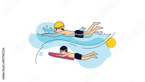 Two young boys enjoying a swimming lesson in the water with one using a pink kickboard to help improve his strokes and confidence.