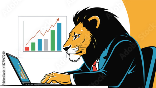Powerful lion in a business suit working intensely on a laptop while a successful growth chart with an upward arrow is displayed.
