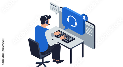 Man Wearing Headset Working on Computer.