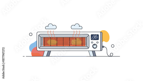 Modern electric space heater with glowing orange coils used to provide warmth and comfort to a room during the cold winter months.