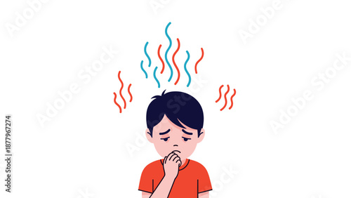 Sick child looking very tired and unwell with colorful waves emanating from his body to symbolize a high fever or infectious illness.