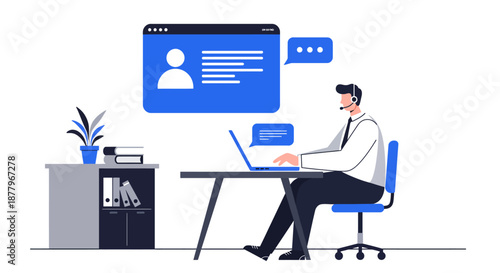 Man Working on Laptop at Desk.