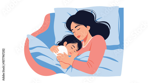 Loving mother and her young daughter sleeping peacefully together in a bed with soft blue blankets and pillows for a restful night.