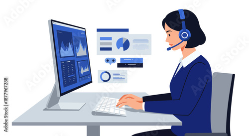 Woman Wearing Headset Working on Computer.