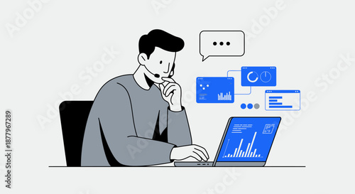 Man Analyzing Data on Laptop Computer.