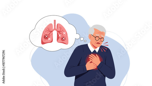 Senior man wearing glasses and clutching his chest in pain while imagining his lungs to show symptoms of a serious respiratory illness.