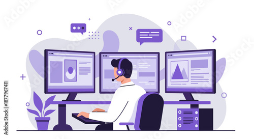 Man Working on Multiple Computer Monitors.