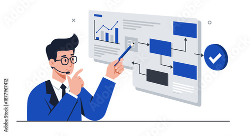 Businessman analyzing data on flowchart diagram.