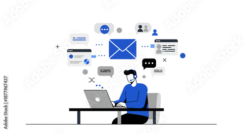 Man Working on Laptop at Desk with Email Icons.