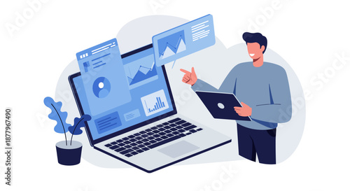 Man analyzing data on laptop and tablet.
