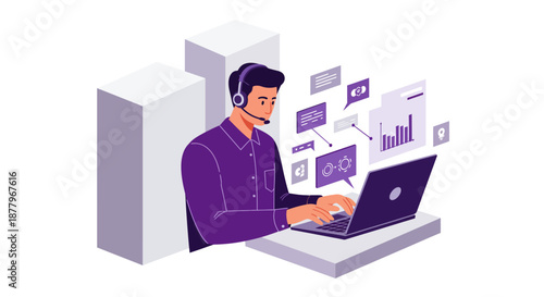 Man Working on Laptop with Headset.