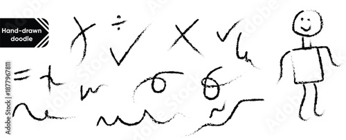 Hand-drawn black ink doodles of mathematical symbols and stick figure human