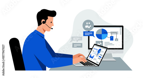 Man Working on Laptop with Headset.