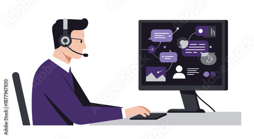 Man Wearing Headset Working on Computer.