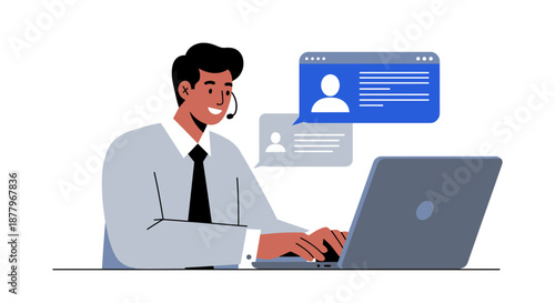 Man Working on Laptop with Headset.