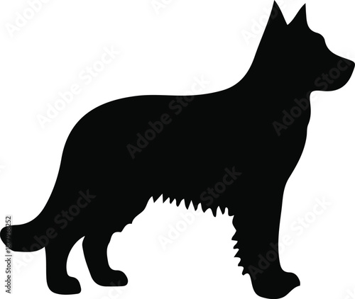 Black silhouette of a German Shepherd dog standing sideways, looking to the right with pointed ears.