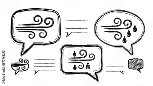 Collection of speech bubbles containing hand-drawn sketches of wind gusts and raindrops, used for weather forecast and communication icons.