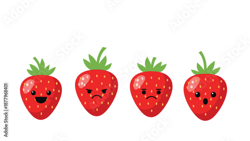 Four cute strawberries with different facial expressions ranging from happy and angry to sad and surprised on a white background.