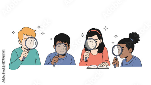 Diverse group of young children holding magnifying glasses and exploring details in a book, concept of curiosity, education, and learning.