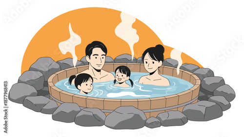 Happy family with parents and two daughters enjoying a relaxing time in a traditional outdoor hot spring surrounded by natural rocks.