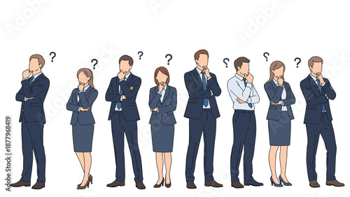 Group of business men and women in suits standing in a row and looking thoughtful with question marks above their heads, seeking solutions.