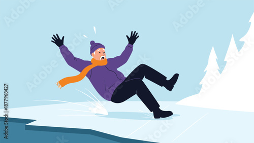 Senior man with a purple jacket and orange scarf falling down after slipping on a slippery ice patch during a cold winter day outdoors.