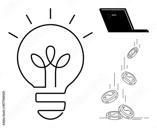 Innovation, online business, digital earnings, e-commerce, creativity, revenue generation. Minimalistic light bulb and coins falling from a laptop. Innovation and online business concept