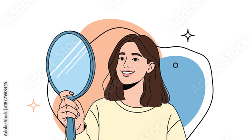 Smiling young woman with brown hair holding a hand mirror and admiring her reflection, concept of beauty, self-care, and confidence.