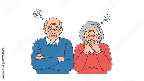 Elderly man and woman with glasses looking extremely worried and troubled with swirls and question marks representing confusion or anxiety.