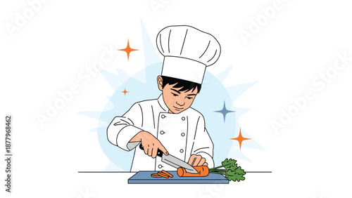 Little boy wearing a white chef hat and uniform happily cutting a carrot on a cutting board, promoting early culinary skills and cooking.