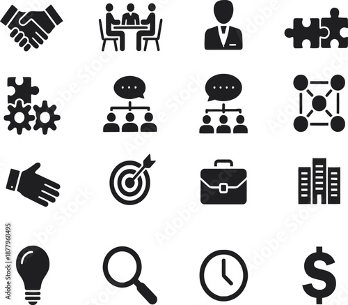 Business Meeting Icons – Teamwork, Conference and Corporate Discussion Set