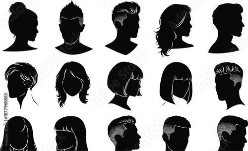 Collection of diverse human head silhouettes showcasing various hairstyles and haircuts for men and women in profile view.