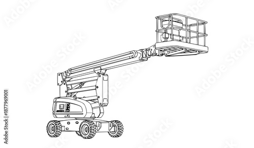 Detailed Cherry Picker Lift Machine Vector Line Art Illustration on White Background